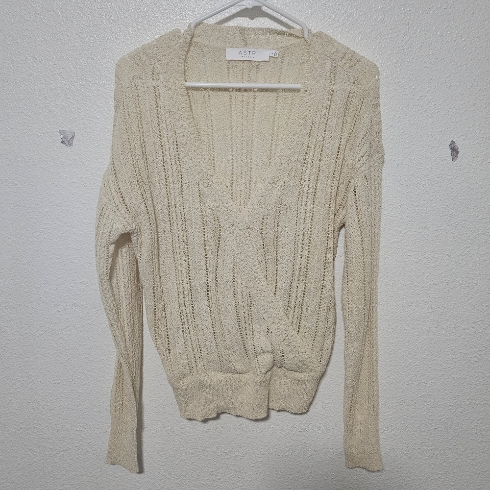 Astr the label open knit faux wrap top size large